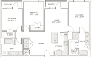 1425 to 1460 square foot three bedroom two bath apartment floorplan image