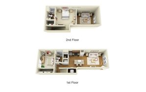 Modern two-story apartment floor plan featuring a spacious bedroom and cozy living area on the second floor, complemented by an open-concept kitchen, dining area, and living room with abundant natural light on the first floor.