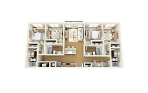 Elegant apartment floor plan with three bedrooms, open living area, modern kitchen, and two bathrooms.