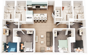 Rendering of a four bedroom floor plan at our student apartments near the University of Maryland, featuring 3D furniture.