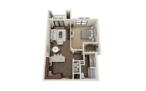 Modern 3D floor plan showcasing a spacious 1-bedroom apartment with open-concept living area, elegant kitchen, and stylish bathroom.