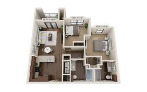 Chic 3D floor plan showcasing a spacious 2-bedroom apartment with an open living room, modern kitchen, and two elegant bathrooms.
