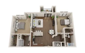 Modern apartment floor plan showcasing 2 bedrooms, open-concept living and dining area, and a stylish kitchen with island seating.