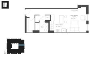 Modern studio apartment floor plan highlighting an open living and sleeping area, kitchen/dining space, and bathroom with washer/dryer.