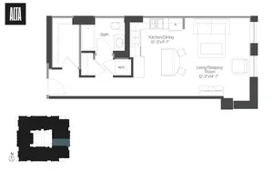 Modern studio apartment floor plan featuring an open kitchen/dining area, living/sleeping room, and spacious bath at ALTA.