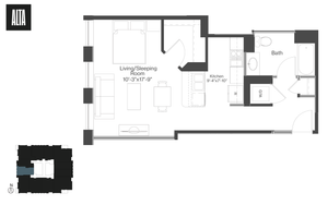 Modern studio apartment floor plan at ALTA, showcasing a spacious living/sleeping room, compact kitchen, and elegant bathroom with W/D unit.