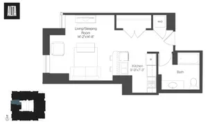 Modern studio floor plan with a spacious living/sleeping area, stylish kitchen, and elegant bath. Includes convenient washer/dryer space.