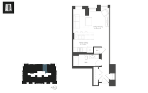 Modern studio apartment floor plan with a spacious living and sleeping area, open kitchen, and a full bath. Featuring in-unit washer/dryer for convenience.