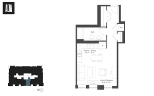 Modern floor plan featuring a versatile living and sleeping area, elegant kitchen/dining space, and a well-appointed bath.