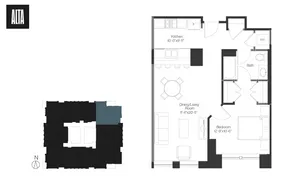 Alta floor plan showcasing a modern 1-bedroom layout, featuring a spacious dining and living area, stylish kitchen, and elegant bath.