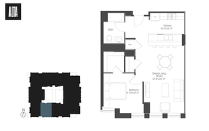 Modern 2D floor plan showcasing a spacious 1 bedroom apartment with an open dining and living area, a sleek kitchen, and a well-appointed bath.