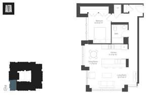 Modern floor plan featuring a spacious bedroom, open kitchen with dining area, inviting living room, and a well-appointed bath.