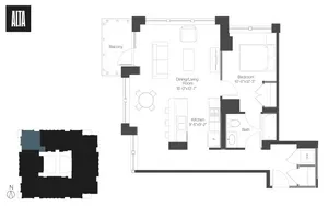Sleek floor plan showcasing 1 bedroom and open dining/living area with a stylish kitchen and inviting balcony.