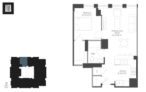 Modern floor plan showcasing a spacious 1-bedroom apartment with an open dining and living area, sleek kitchen, and luxurious bath.