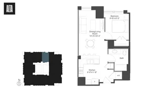 Modern floor plan showcasing a spacious 1-bedroom apartment with an open dining and living area, sleek kitchen, and a well-appointed bathroom.
