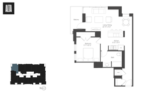 Sophisticated floor plan showcasing a spacious 1-bedroom apartment with an open living/dining area, a private balcony, modern kitchen, and elegant bathroom.