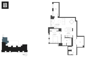 Alta apartment floor plan highlighting a modern 1-bedroom with spacious living/dining area, cozy den, efficient kitchen, and a charming balcony.