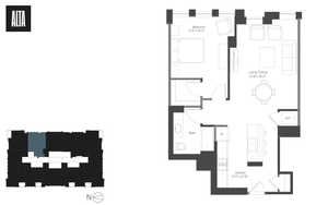 Alta floor plan featuring 1 bedroom, open living and dining area, modern kitchen, and a well-designed bathroom, ideal for urban living.