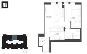 Elegant floor plan for a modern apartment featuring a single bedroom, spacious living/dining area, efficient kitchen, and a well-appointed bath.
