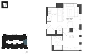 Chic floor plan featuring a one-bedroom apartment with an open living/dining area, stylish kitchen, and modern bath at Alta.