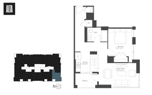Elegant 1-bedroom apartment floor plan featuring open kitchen, spacious living/dining area, and private balcony.