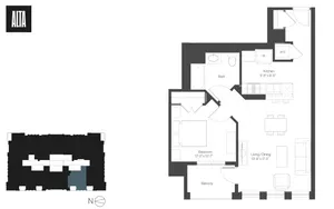 Modern and spacious 1-bedroom apartment floor plan with an open-plan living/dining area, stylish kitchen, and private balcony, perfectly situated in Alta complex.