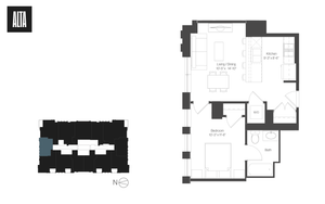Modern floor plan showcasing a cozy 1-bedroom apartment with open-concept living and dining area, efficient kitchen, and stylish bath.