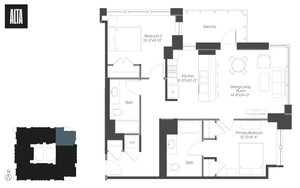Alta floor plan showcasing a modern 2-bedroom layout with spacious dining and living area, sleek kitchen, and private balcony.