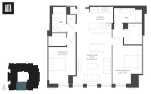 Alta 2D floor plan featuring 2 spacious bedrooms, a modern kitchen, and bright living/dining area with sleek finishes.