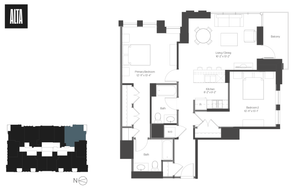 Elegant floor plan showcasing 2 spacious bedrooms, an open living/dining area, and a modern kitchen, complete with a balcony for scenic views.