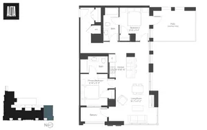 Chic floor plan at ALTA showcasing 2 bedrooms, 2 baths, a spacious living room, modern kitchen, a balcony, and a patio.