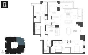 Modern floor plan of Alta apartment featuring 3 bedrooms, open living and dining area, sleek kitchen, 2 baths, powder room, and dual balconies for spacious urban living.