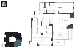 Contemporary floor plan showcasing 3 bedrooms, a spacious living area leading to two balconies, and an open kitchen with adjacent dining space.