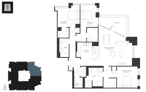Elegant 3-bedroom floor plan featuring a spacious living and dining area, modern kitchen, and relaxing balcony.