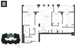 Alta floor plan with 3 bedrooms, spacious living/dining area, modern kitchen, dual balconies, and elegant baths.