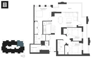 Alta luxury apartment floor plan showcasing 3 bedrooms, spacious living and dining area, modern kitchen, and private balcony.