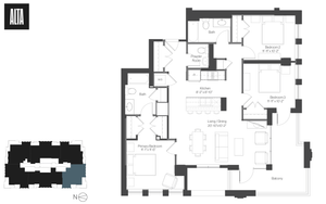 Modern floor plan showcasing 3 bedrooms, stylish living and dining area, sleek kitchen, and inviting balcony.