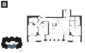 Alta floor plan showcasing a luxurious layout with three bedrooms, spacious living room, modern kitchen, and dual balconies.