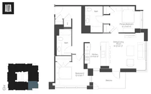 Modern floor plan of Alta apartment featuring 2 bedrooms, 2 bathrooms, an open kitchen, and a spacious dining/living area with balcony access.