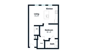 Modern floor plan showcasing a spacious 1-bedroom apartment with open-concept living room, sleek kitchen, full bathroom, and convenient in-unit laundry.