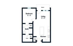 Modern apartment floor plan with 1 bedroom, a stylish open-concept living area and kitchen, a spacious bath, and a cozy balcony.