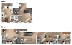 Chic split-level floor plan showcasing elegant upper level with modern kitchen and stylish living space, alongside a spacious lower level featuring cozy Twin XL bedrooms, ideal for contemporary living.