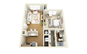 Contemporary 3D floor plan showcasing a cozy 1-bedroom apartment with an open living area, stylish kitchen, and modern bathroom.