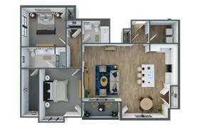 Modern 3D floor plan showcasing 2 spacious bedrooms, cozy living room, stylish open kitchen, and elegant dining area with wood flooring.