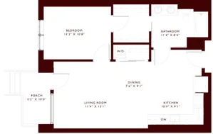 Open floor plan showing 1 bedroom, kitchen, dining area, living room, porch, and bathroom.