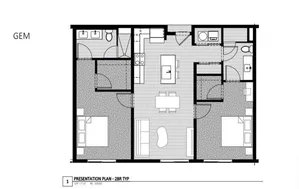 Modern 2-bedroom floor plan \'GEM\' featuring an open-concept living area, sleek kitchen, and two elegant bathrooms.