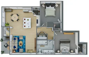 Modern 2D floor plan showcasing 2 bedrooms, a sleek kitchen with island, and a cozy living area, offering a stylish and functional layout.