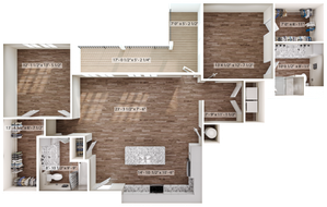 Elegant floor plan featuring 3 bedrooms, a modern open-concept living area, and a stylish kitchen with a central island, perfect for contemporary living.