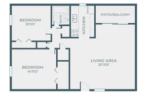 Two-bedroom, one-bathroom Hillcrest 90 apartment floor plan with kitchen, large living area (20x15), two bedrooms (13x11 and 14x12), bathroom, multiple closets, and private patio or balcony.