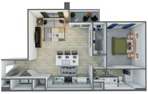Modern 3D floor plan showcasing a cozy one-bedroom apartment with an open living area, stylish kitchen, and private balcony.